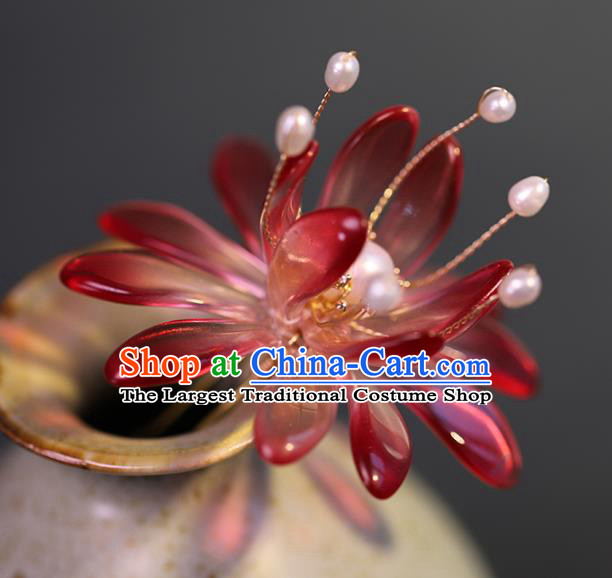 Traditional Chinese Handmade Red Glass Flower Hairpin Headdress Ancient Hanfu Hair Accessories for Women