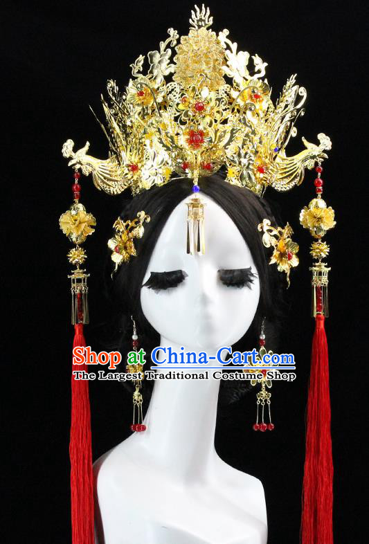 Traditional Chinese Wedding Golden Phoenix Coronet Hairpins Headdress Ancient Bride Hair Accessories for Women