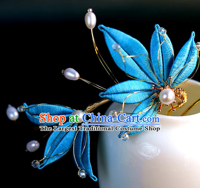 Traditional Chinese Handmade Blue Leaf Hairpin Headdress Ancient Hanfu Hair Accessories for Women