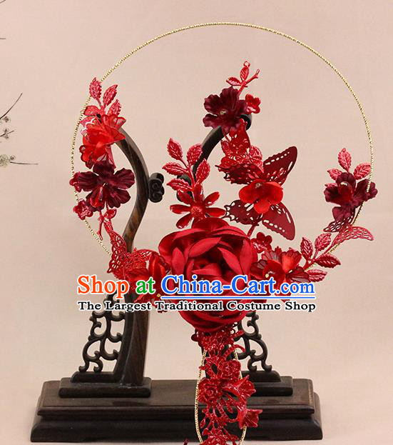 Traditional Chinese Handmade Red Rose Round Fans Ancient Hanfu Wedding Palace Fan for Women
