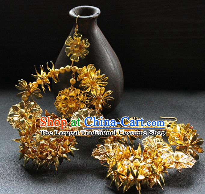 Traditional Chinese Handmade Golden Large Earrings Ancient Hanfu Ear Accessories for Women