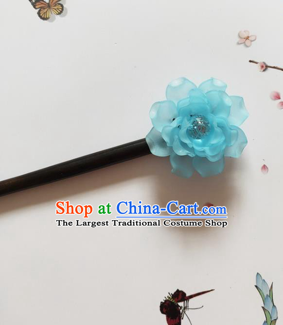 Traditional Chinese Blue Peony Ebony Hairpin Headdress Ancient Court Hair Accessories for Women