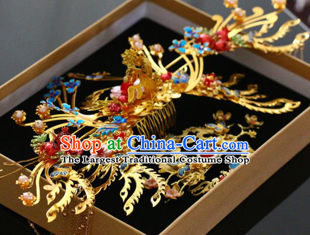 Traditional Chinese Ming Dynasty Golden Hair Comb and Hairpins Headdress Ancient Court Hair Accessories for Women
