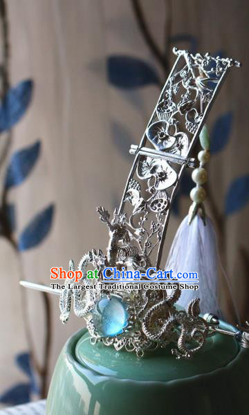 Traditional Chinese Argent Dragons Hairdo Crown and Hairpin Headdress Ancient Swordsman Hair Accessories for Men