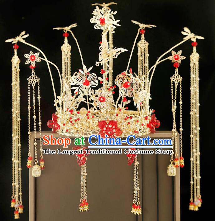 Traditional Chinese Bride Red Plum Blossom Phoenix Coronet Headdress Ancient Wedding Hair Accessories for Women