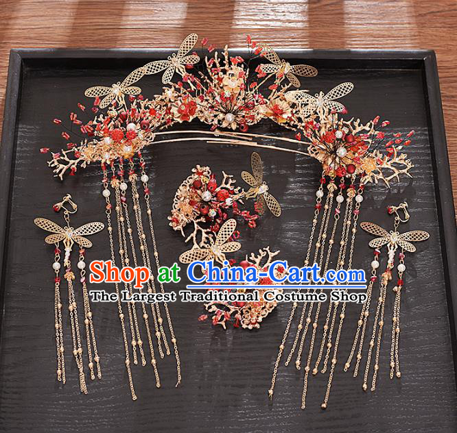 Traditional Chinese Bride Dragonfly Hair Comb and Hairpins Headdress Ancient Wedding Hair Accessories for Women