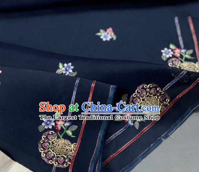 Chinese Traditional Embroidered Pattern Design Navy Silk Fabric Asian Hanfu Material