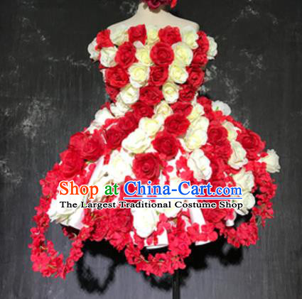 Top Grade Modern Dance Fairy Red Rose Flowers Short Dress Catwalks Compere Costume for Women