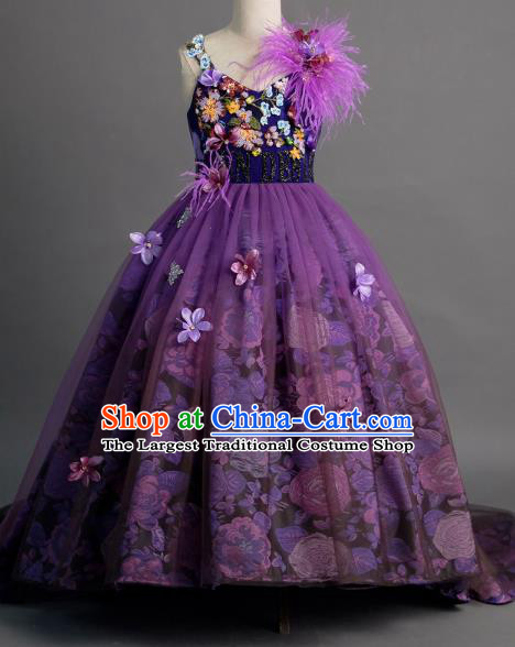 Top Children Fairy Princess Compere Purple Full Dress Catwalks Stage Show Dance Costume for Kids