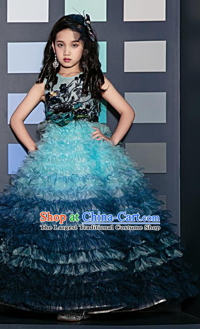 Top Children Compere Blue Veil Bubble Full Dress Catwalks Stage Show Dance Costume for Kids
