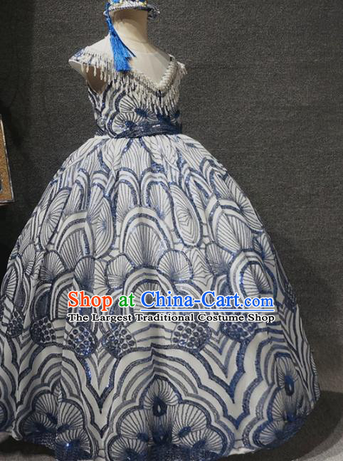 Top Children Dance Beads Tassel Blue Full Dress Catwalks Princess Stage Show Birthday Costume for Kids