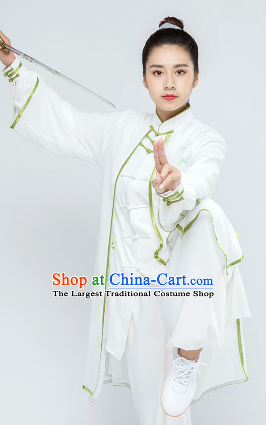 Traditional Chinese Tai Chi Competition Hand Painting Bamboo White Outfits Martial Arts Stage Performance Costumes for Women