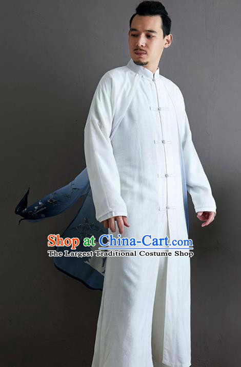 Top Chinese Tang Suit Printing Swan White Flax Coat Traditional Tai Chi Kung Fu Overcoat Costume for Men