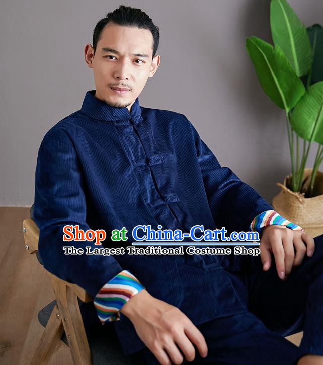 Chinese Martial Arts Deep Blue Corduroy Outfits Traditional Tai Chi Kung Fu Training Costumes for Men