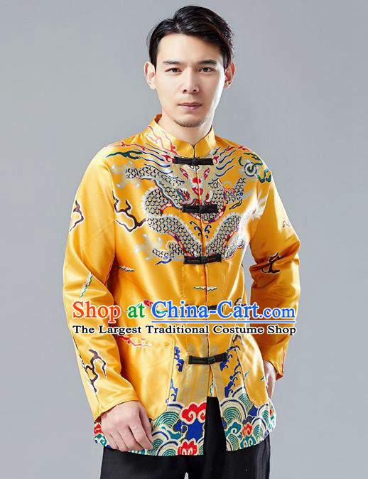 Top Chinese Tang Suit Printing Yellow Coat Traditional Tai Chi Kung Fu Overcoat Costume for Men