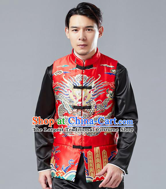 Chinese Tang Suit Printing Dragon Red Cotton Padded Vest Traditional Tai Chi Waistcoat Upper Outer Garment Costume for Men