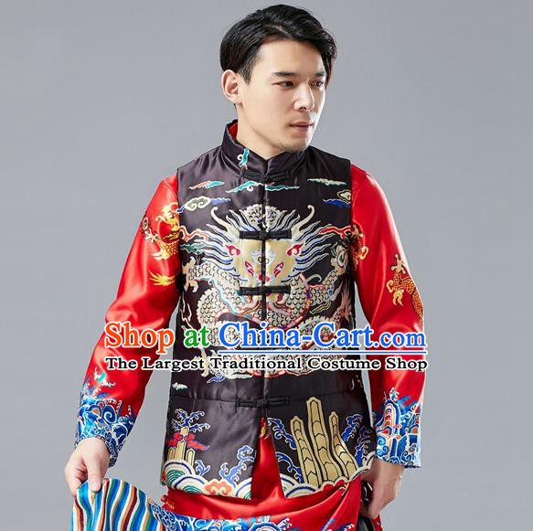 Chinese Tang Suit Printing Dragon Black Cotton Padded Vest Traditional Tai Chi Waistcoat Upper Outer Garment Costume for Men