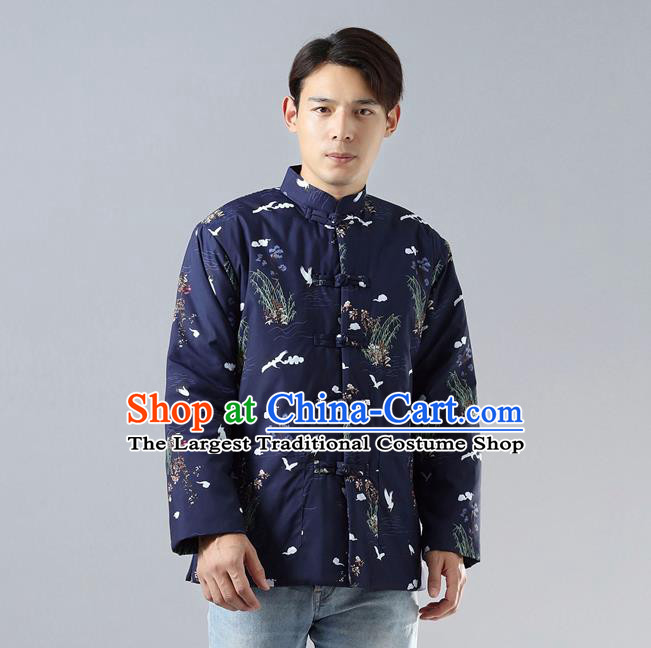 Top Chinese Tang Suit Deep Blue Cotton Padded Jacket Traditional Tai Chi Kung Fu Coat Costume for Men