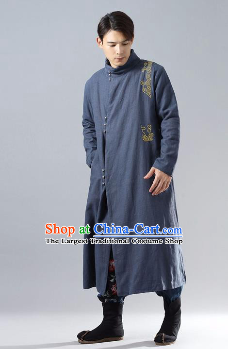 Top Chinese Tang Suit Embroidered Navy Dust Coat Traditional Tai Chi Kung Fu Overcoat Costume for Men