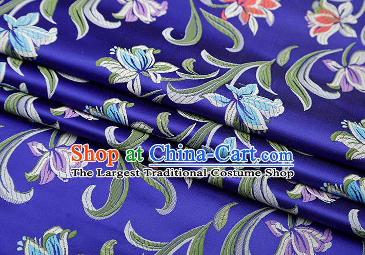 Chinese Traditional Daffodil Pattern Royalblue Brocade Fabric Cheongsam Satin Tapestry Drapery