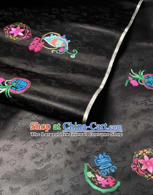 Chinese Classical Embroidered Orchid Pattern Design Black Silk Fabric Asian Traditional Hanfu Brocade Material