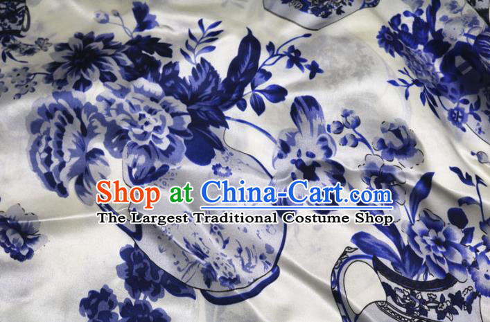 Chinese Traditional Printing Peony Vase Design Pattern White Silk Fabric Cheongsam Mulberry Silk Drapery