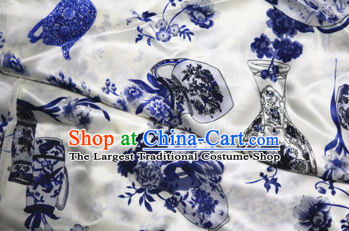 Chinese Traditional Printing Peony Vase Design Pattern White Silk Fabric Cheongsam Mulberry Silk Drapery
