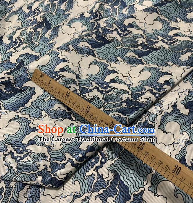Chinese Traditional Blue Wave Design Pattern Silk Fabric Cheongsam Mulberry Silk Drapery