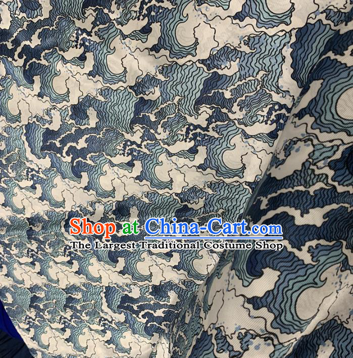 Chinese Traditional Blue Wave Design Pattern Silk Fabric Cheongsam Mulberry Silk Drapery