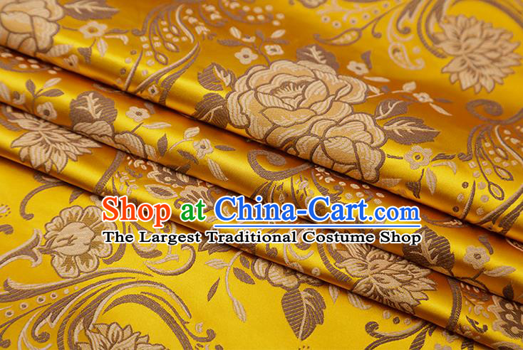 Chinese Traditional Twine Peony Lotus Pattern Yellow Brocade Fabric Cheongsam Tapestry Drapery