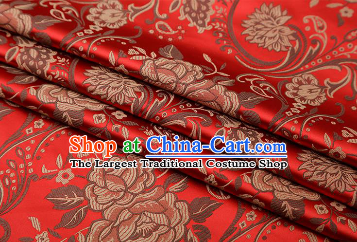 Chinese Traditional Twine Peony Lotus Pattern Red Brocade Fabric Cheongsam Tapestry Drapery
