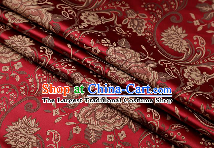 Chinese Traditional Twine Peony Lotus Pattern Wine Red Brocade Fabric Cheongsam Tapestry Drapery