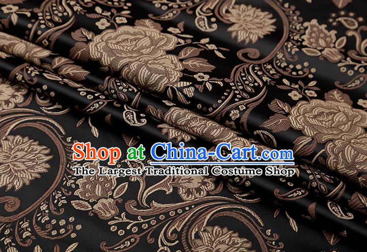 Chinese Traditional Twine Peony Lotus Pattern Black Brocade Fabric Cheongsam Tapestry Drapery