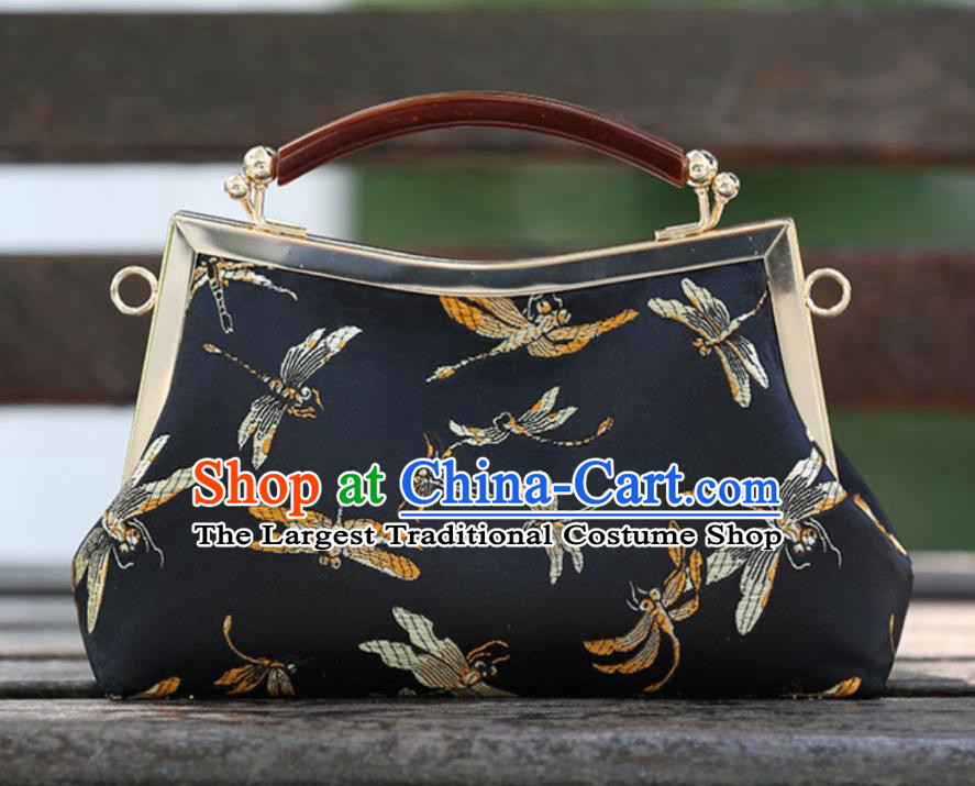 Chinese Traditional Dragonfly Pattern Black Brocade Bag Handmade Cheongsam Short Handbag for Women