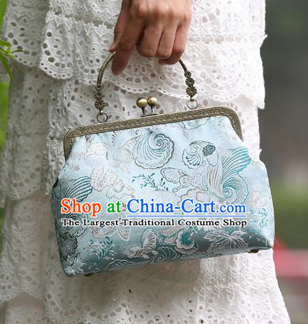 Chinese Traditional Butterfly Orchid Pattern Blue Brocade Bag Handmade Cheongsam Silk Handbag for Women