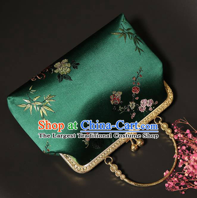 Chinese Traditional Plum Bamboo Peony Pattern Deep Green Brocade Bag Handmade Cheongsam Silk Handbag for Women