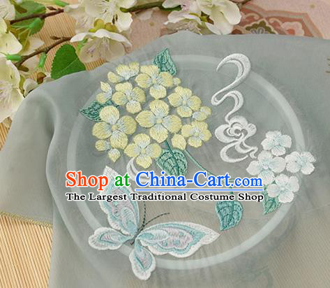 Chinese Traditional Embroidered Hydrangea Butterfly Light Grey Chiffon Applique Accessories Embroidery Patch