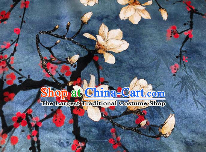 Chinese Classical Yulan Magnolia Pattern Design Navy Silk Fabric Asian Traditional Hanfu Mulberry Silk Material