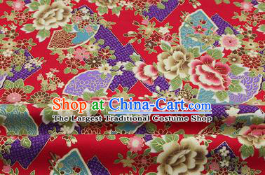 Chinese Classical Peony Fan Pattern Design Red Brocade Fabric Asian Traditional Hanfu Satin Material