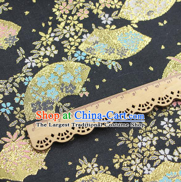 Asian Japanese Traditional Sakura Fan Pattern Design Black Brocade Fabric Tapestry Satin