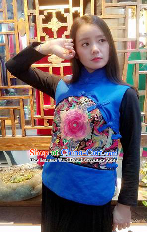 Traditional Chinese Blue Flax Vest National Embroidered Peony Waistcoat Costume for Women