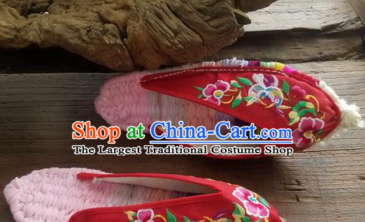 Traditional Chinese Embroidered Flowers Bird Red Slippers Handmade Ethnic National Shoes Hanfu Shoes for Women