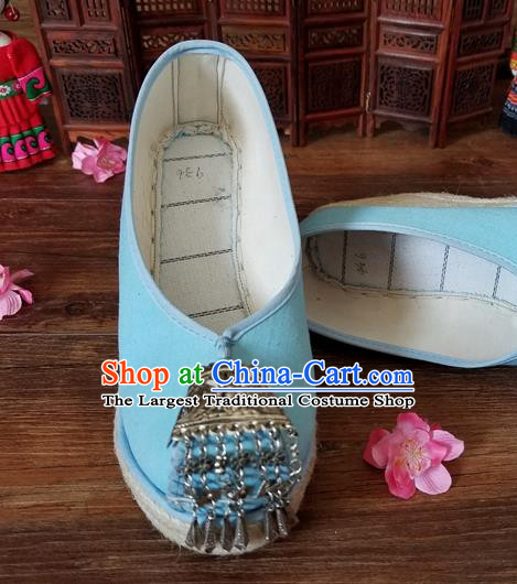 Traditional Chinese Handmade Ethnic Bride Light Blue Shoes Yunnan National Silver Tassel Shoes Wedding Shoes for Women