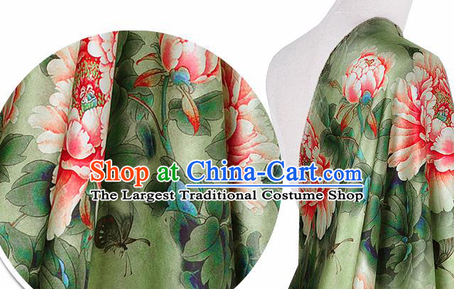 Chinese Classical Peony Pattern Design Light Green Silk Fabric Asian Traditional Hanfu Mulberry Silk Material