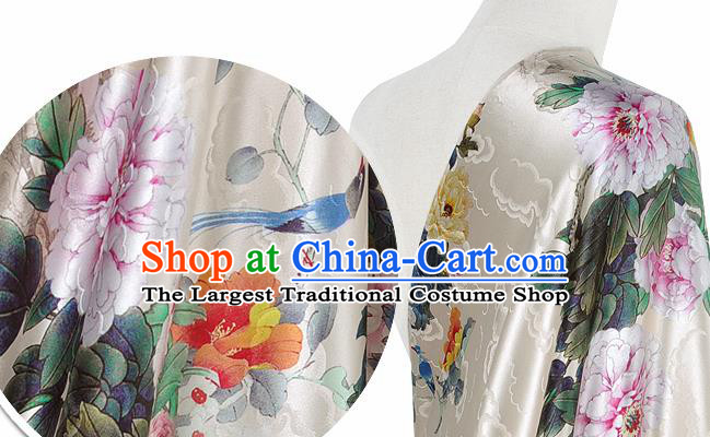 Chinese Classical Peony Pattern Design Beige Silk Fabric Asian Traditional Hanfu Mulberry Silk Material