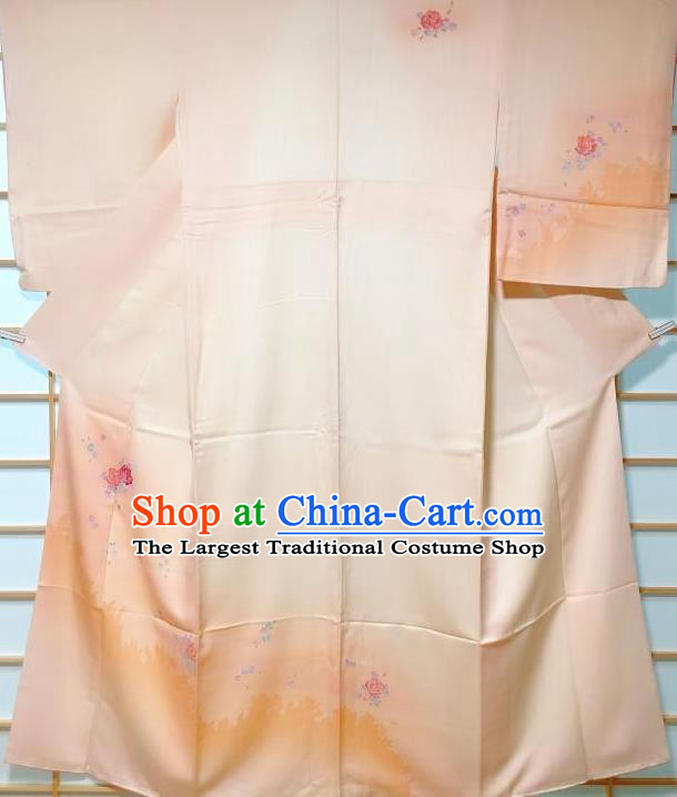 Traditional Japanese Printing Rose Light Orange Furisode Kimono Japan Yukata Dress Costume for Women