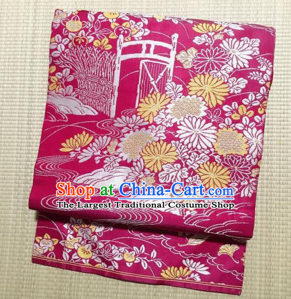 Japanese Traditional Embroidered Chrysanthemum Rosy Brocade Waistband Japan Kimono Yukata Belt for Women
