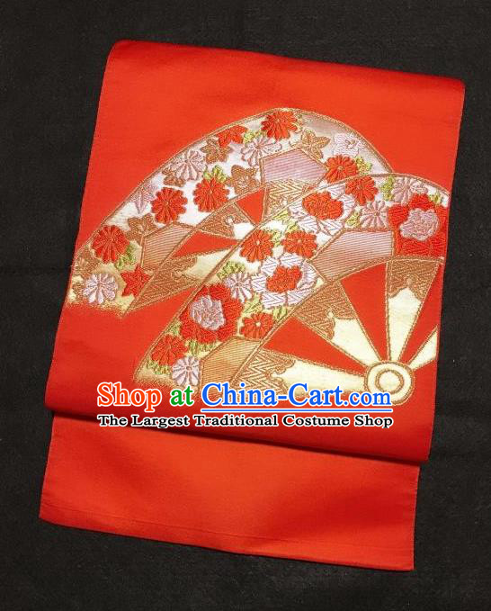 Japanese Nagoya Traditional Embroidered Orange Brocade Waistband Japan Kimono Yukata Belt for Women