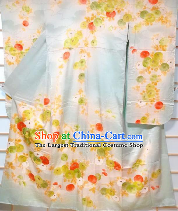 Japanese Traditional Persimmon Pattern Light Blus Silk Furisode Kimono Japan Yukata Dress Costume for Women