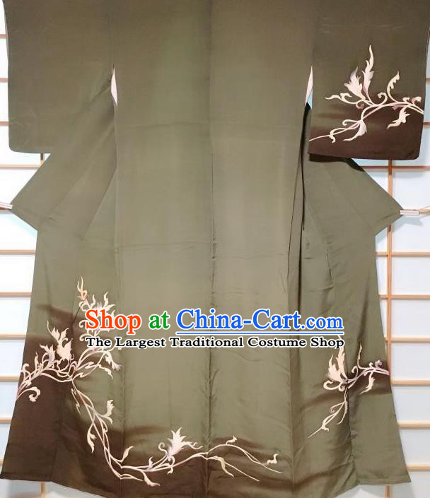 Japanese Traditional Painting Flower Pattern Green Tsukesage Kimono Japan Yukata Dress Costume for Women